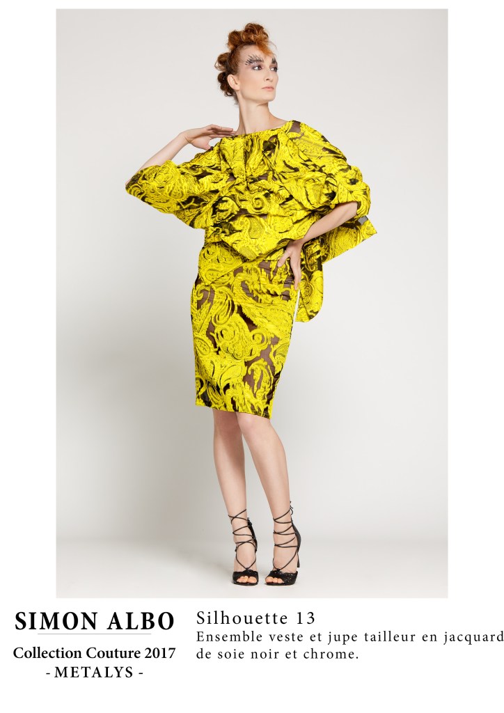 Silhouette couture Simon Albo, ensemble veste et jupe tailleur en jacquard noir et chrome, création couture artistique.
