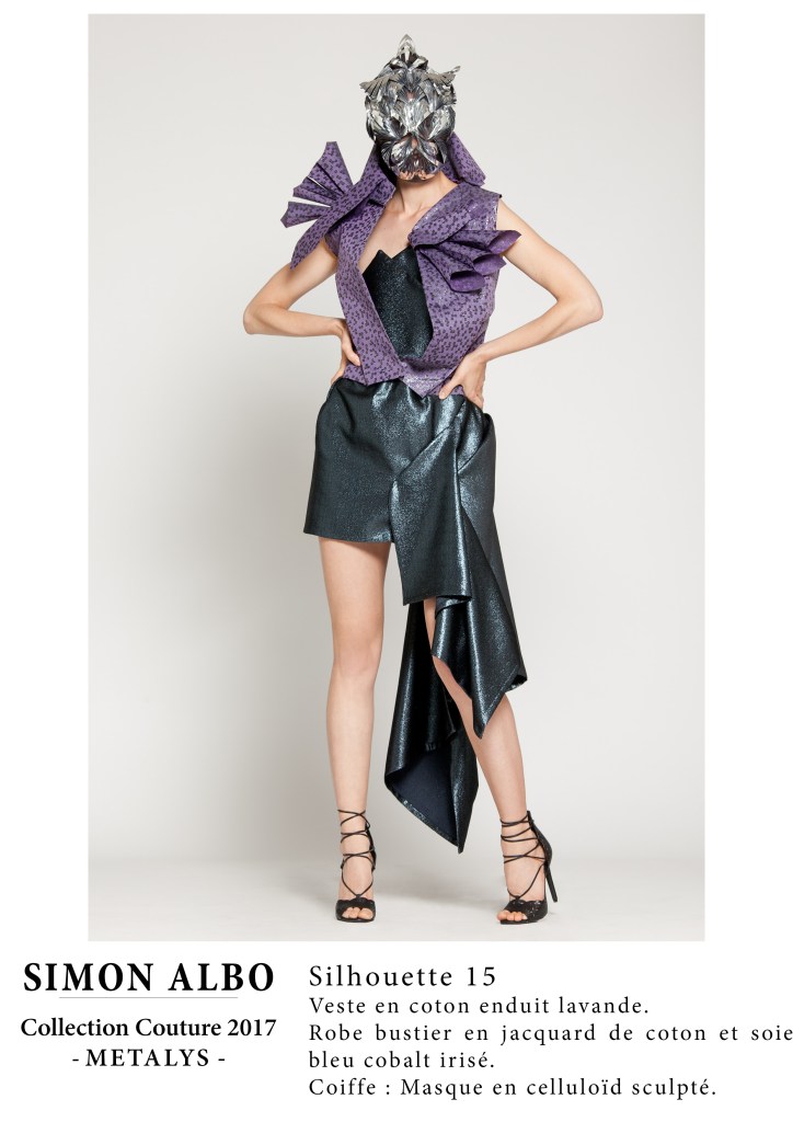 Silhouette couture Simon Albo, ensemble veste et jupe tailleur en jacquard noir et chrome, création couture artistique.