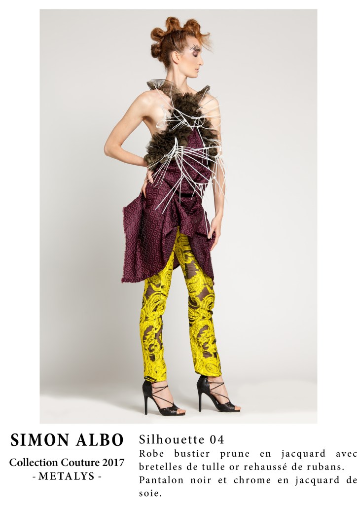 Silhouette couture Simon Albo, robe bustier prune en jacquard, pantalon noir et chrome en jacquard de soie, couture design.