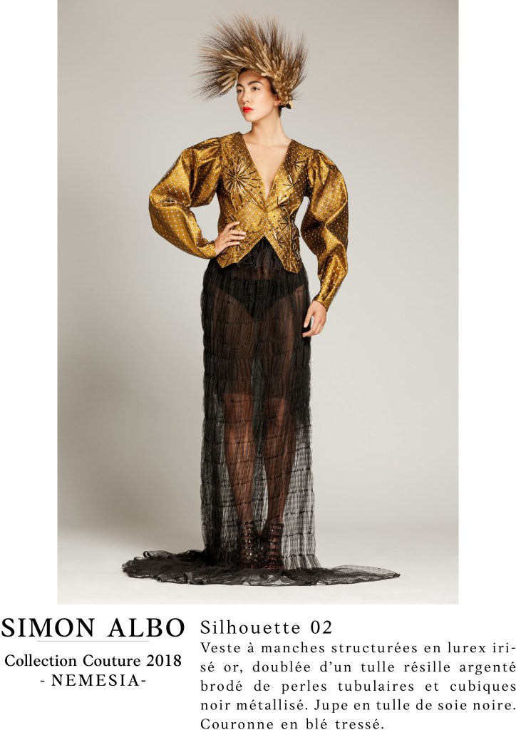 Silhouette couture Simon Albo NEMESIA, veste lurex doré et jupe tulle noire, couronne en blé tressé, création couture et fashion designer.