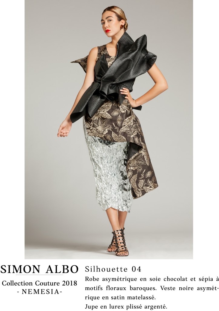 Silhouette couture Simon Albo NEMESIA, robe asymétrique soie chocolat et sépia avec veste noire et jupe lurex argenté, création couture designer.
