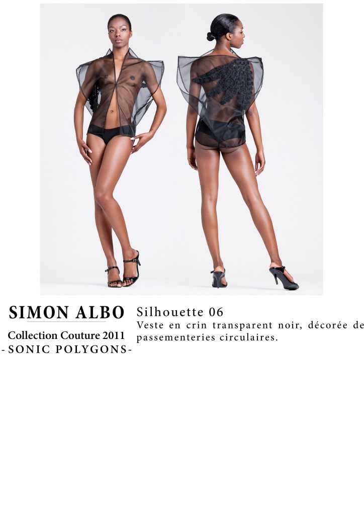 Simon Albo, designer couture : veste en crin transparent noir décorée de passementeries circulaires, pièce de mode contemporaine et artistique.